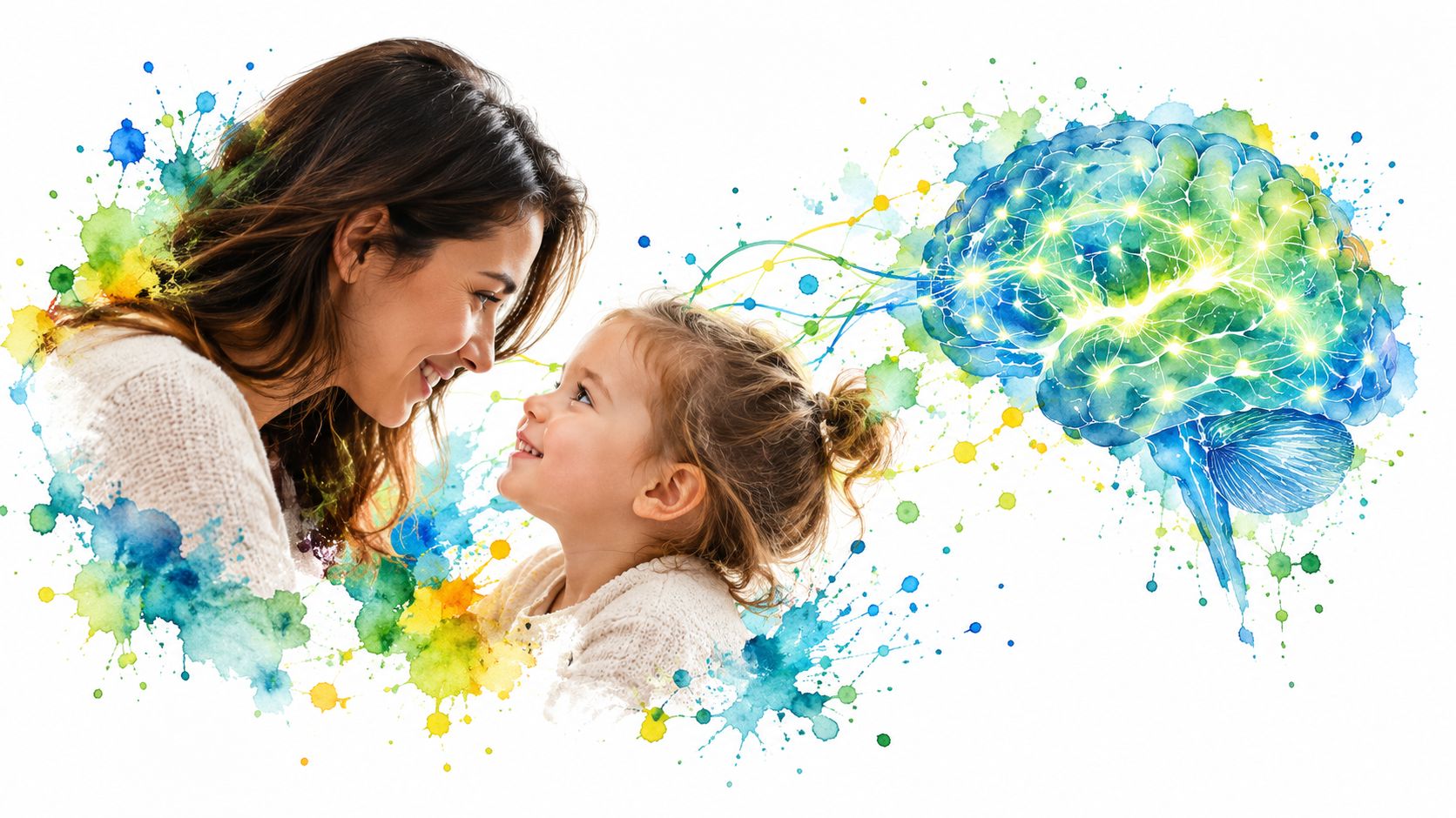 A mother and her daughter looking at each other, connected by a glowing, watercolor-style artistic brain illustration.