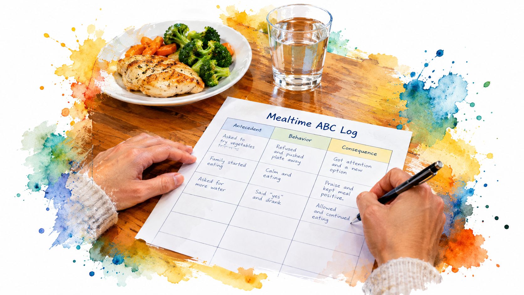 A person writing on a Mealtime ABC log next to a healthy meal of chicken and broccoli.