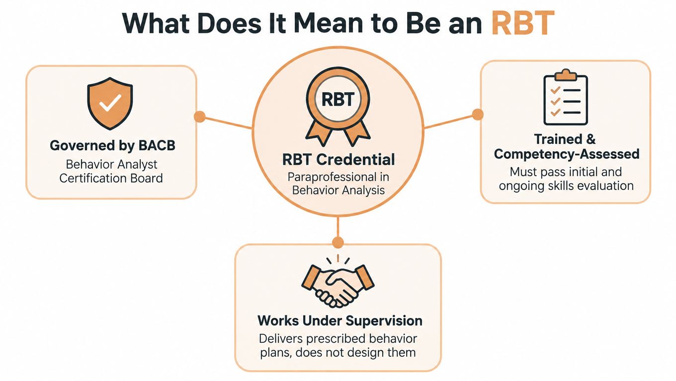 An infographic explaining the RBT credential, including governance, competency assessments, and the role of working under supervision.