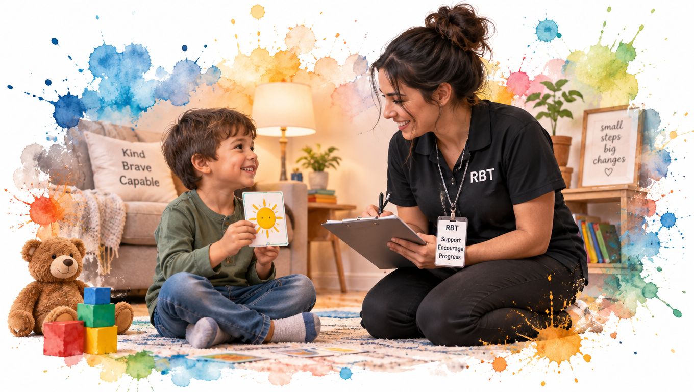 A smiling therapist working with a young child using educational flashcards in a bright, colorful room.