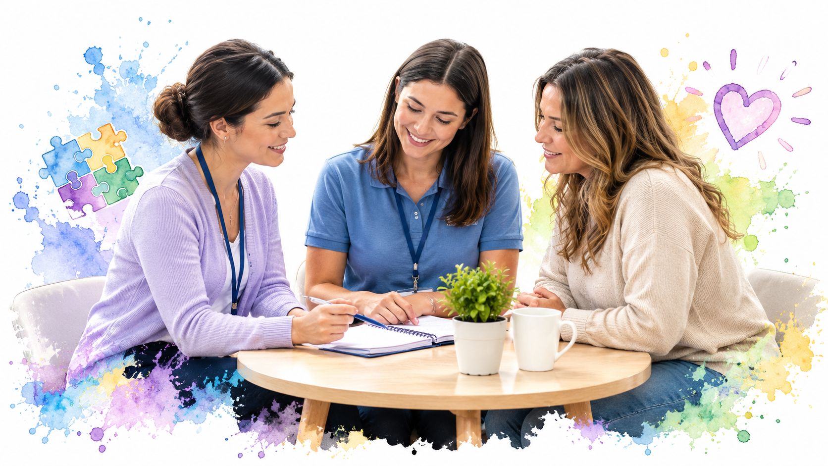 A Registered Behavior Technician consults with a colleague and a client during a professional therapy session.