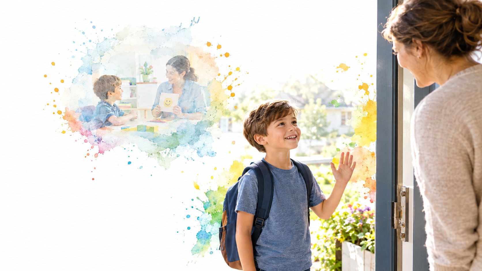 A young boy waves goodbye to his mother at the front door while daydreaming about learning therapy.