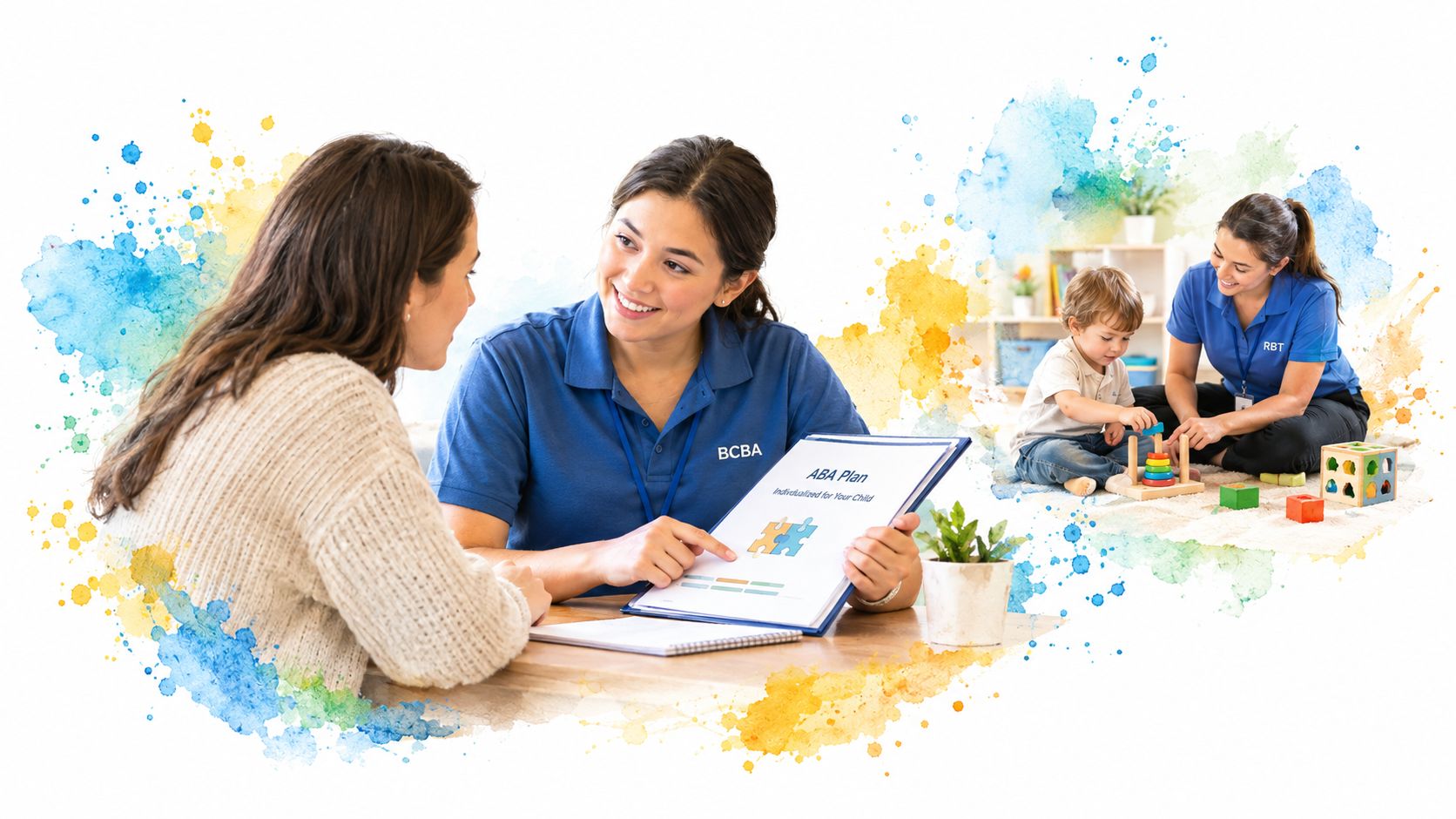 A professional BCBA therapist explains an ABA plan to a parent while an RBT works with a child.