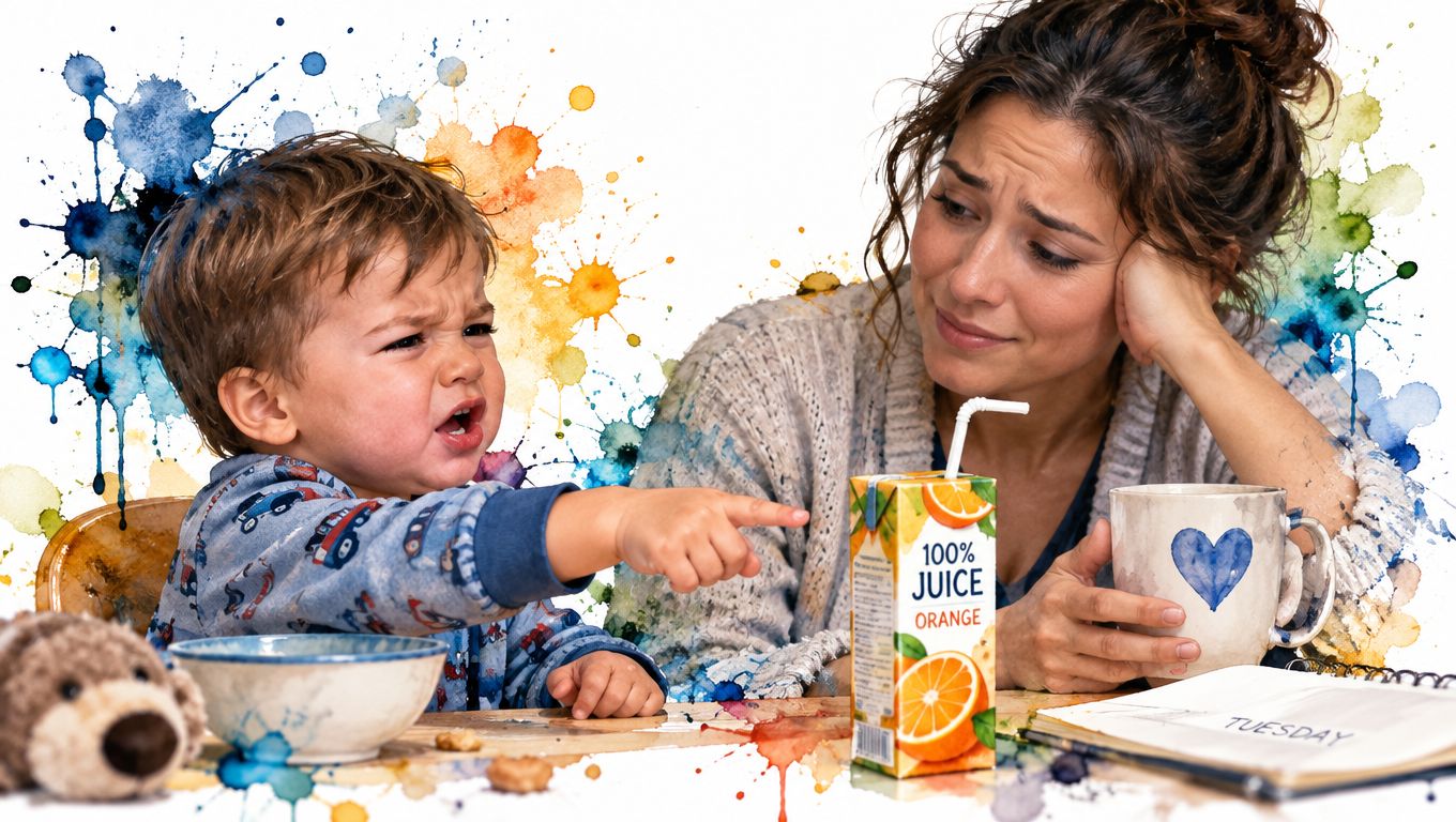 A frustrated young child pointing at a juice box while his mother watches with a tired expression.