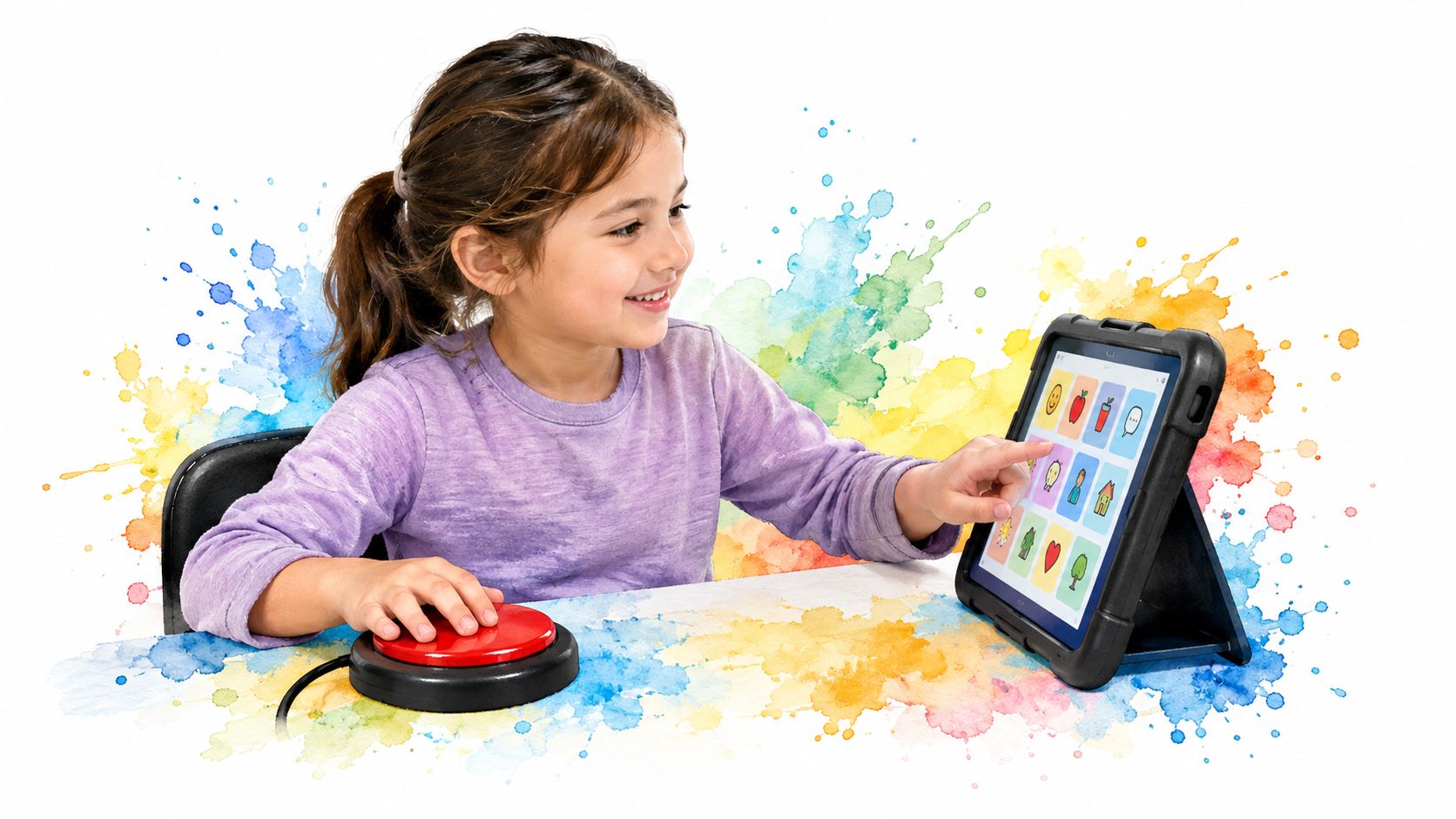 A young girl with a cheerful expression uses an AAC device on a tablet with an adaptive switch.