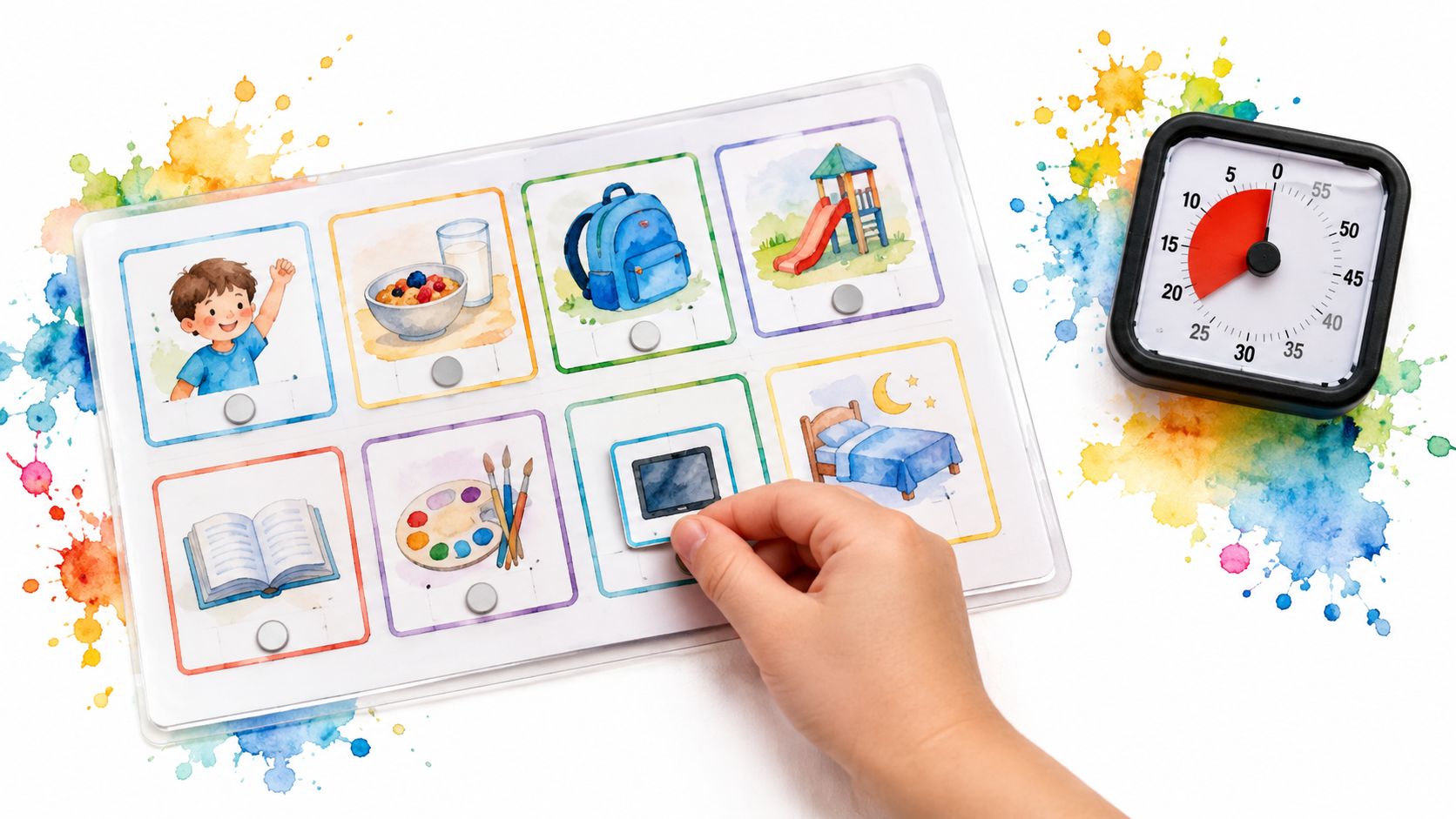 A child placing a tablet icon onto a visual schedule board with an analog timer nearby.