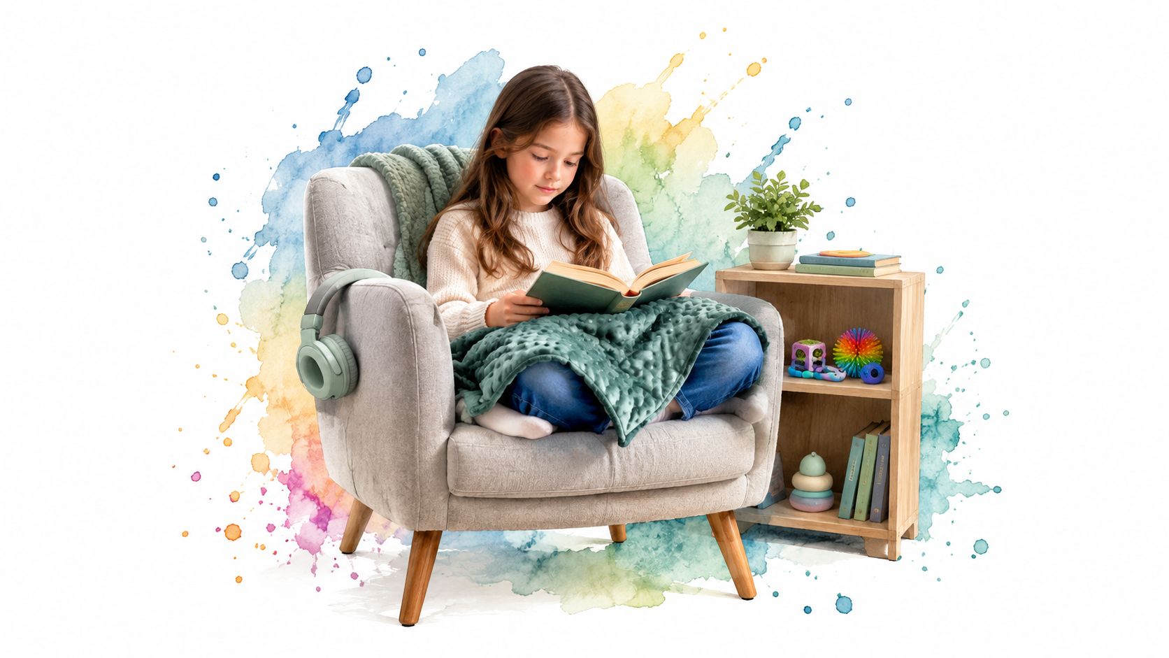 A young girl sits comfortably in an armchair reading a book with a blanket and sensory items.