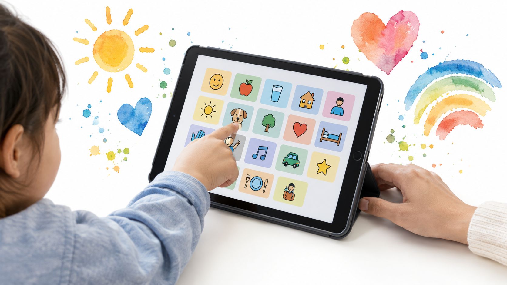 A child touches a tablet screen displaying communication icons to assist with learning and social development.