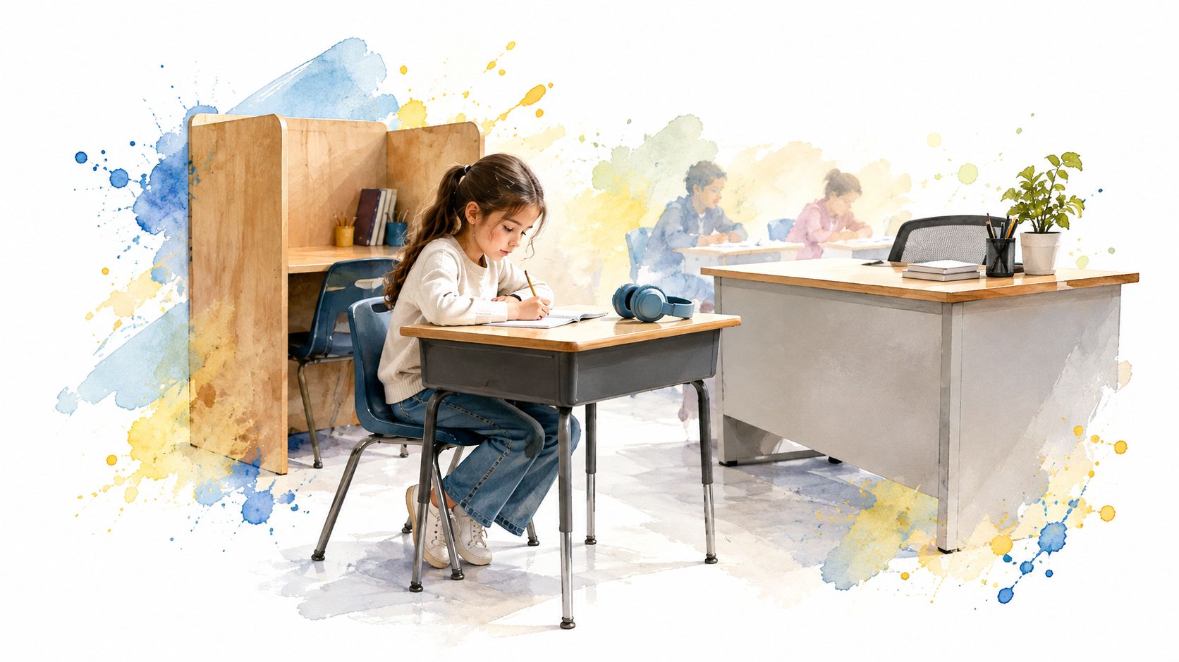 A young girl studies at a quiet desk in a classroom setting with supportive autism IEP accommodations.