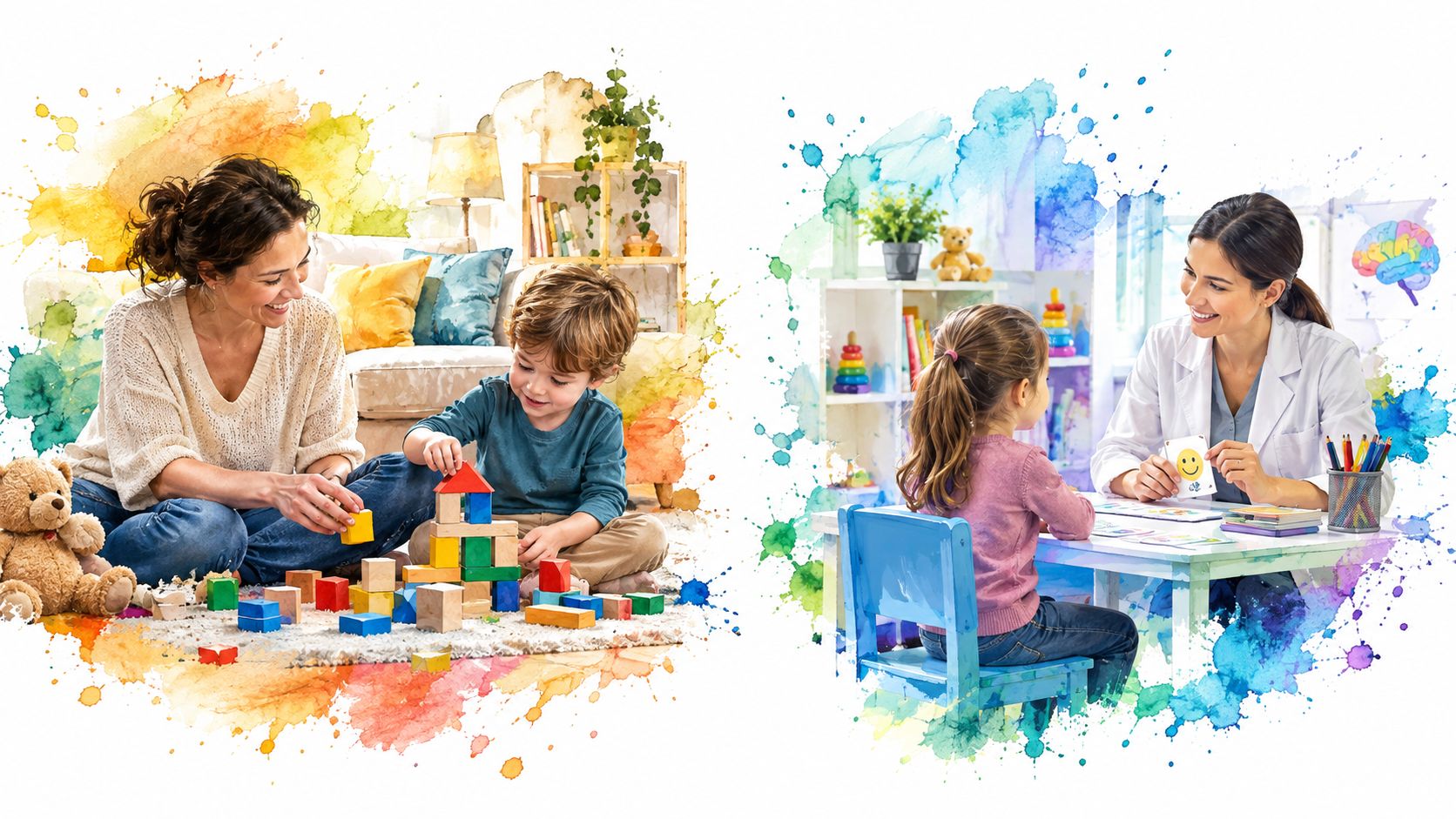 A split image showing a mother playing with her son and a therapist working with a young girl.