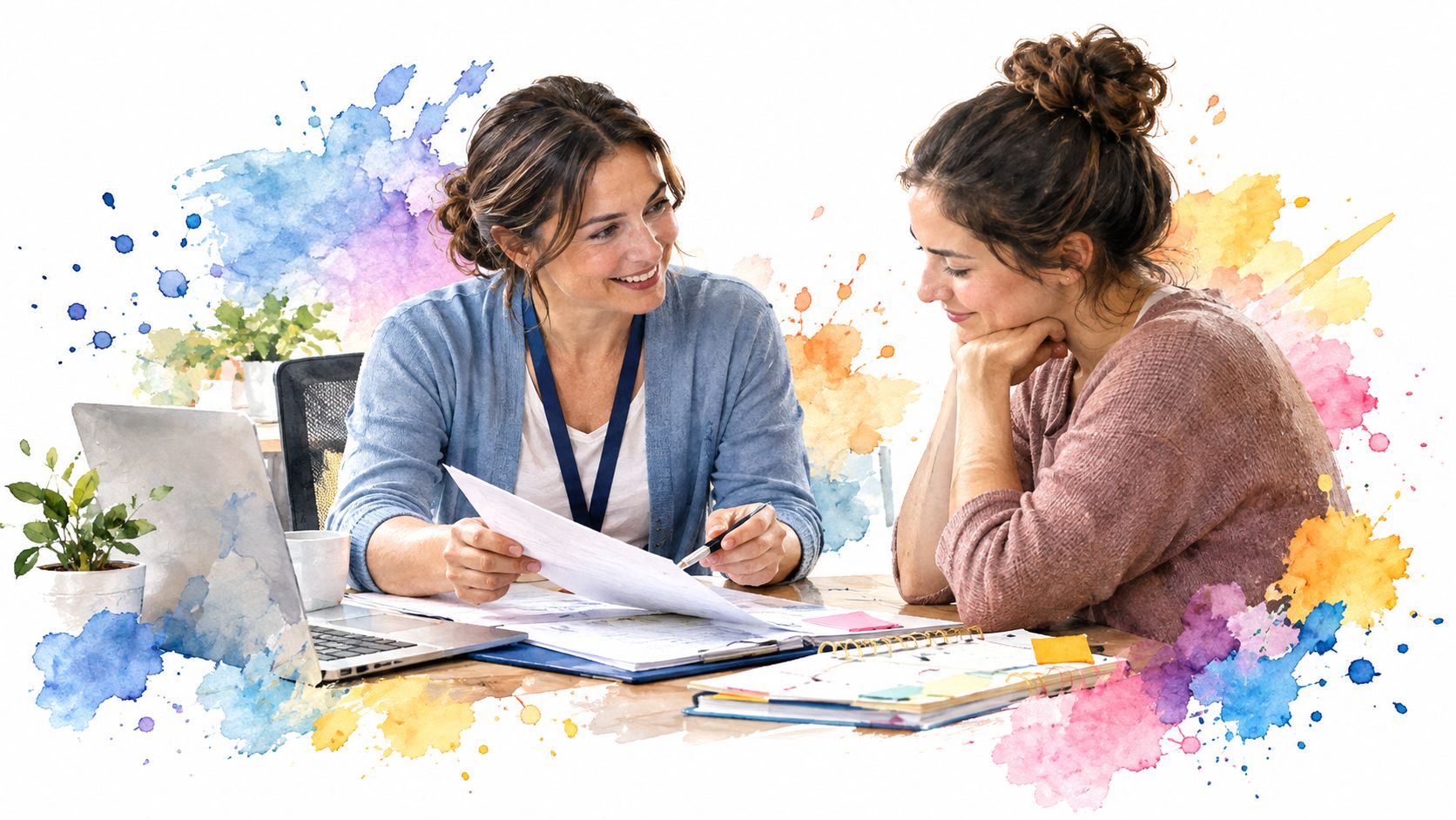 A professional woman reviews paperwork with a client in a bright office with colorful watercolor accents.