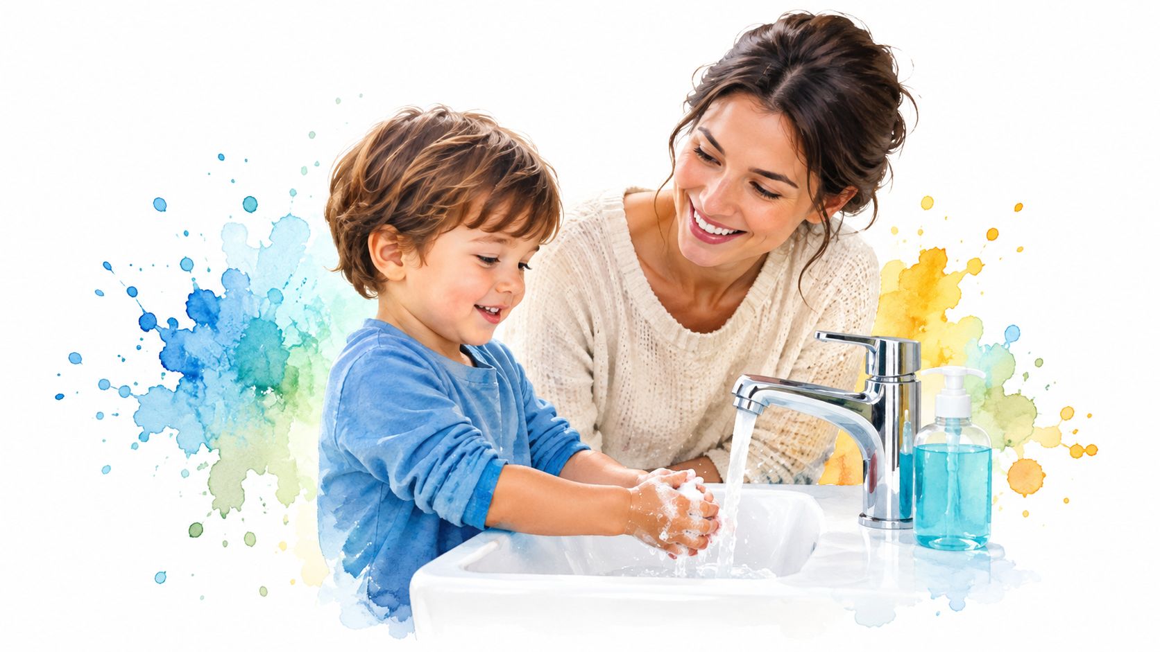 A smiling mother watches as her young son washes his hands with soap at a bathroom sink.