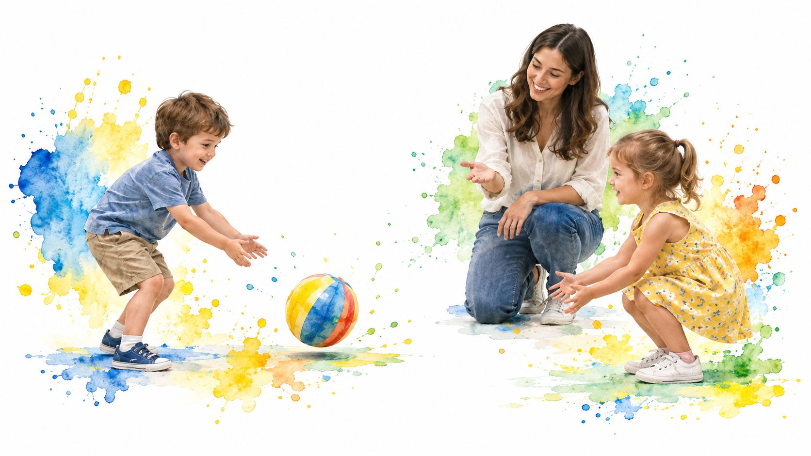 A happy mother playing with her young son and daughter with a colorful ball, indoor setting.