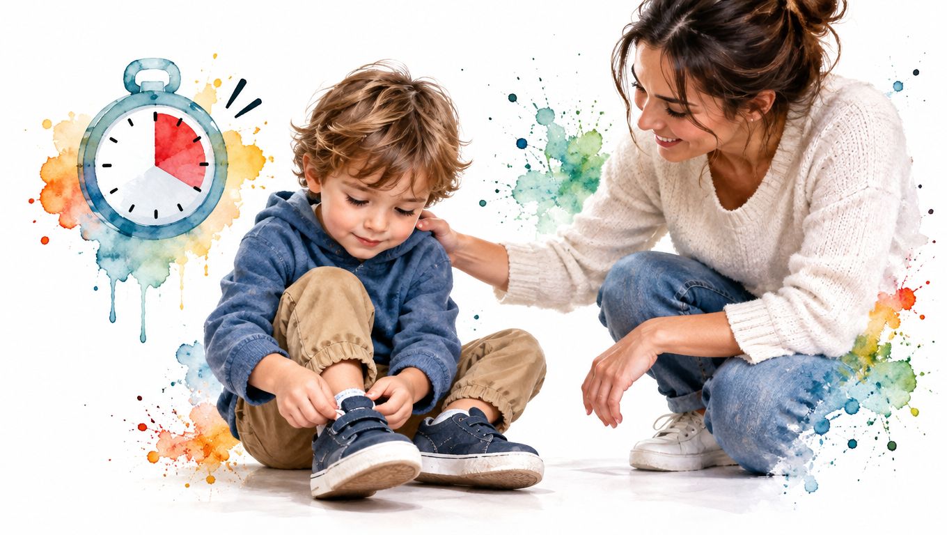 A mother gently supporting her son as he learns to put on his shoes during therapy.
