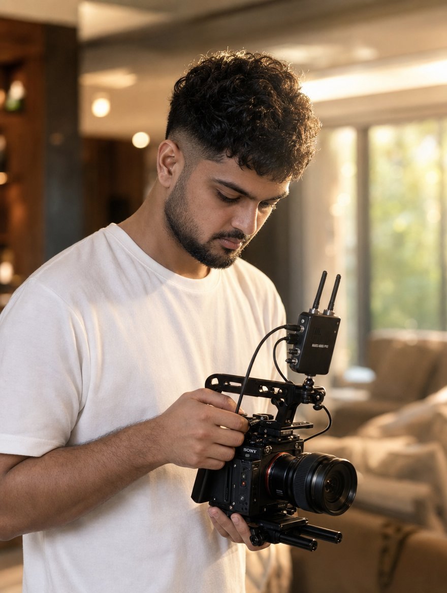 Anmol Bhangu, director at ft² Studio, operating a cinema camera on set