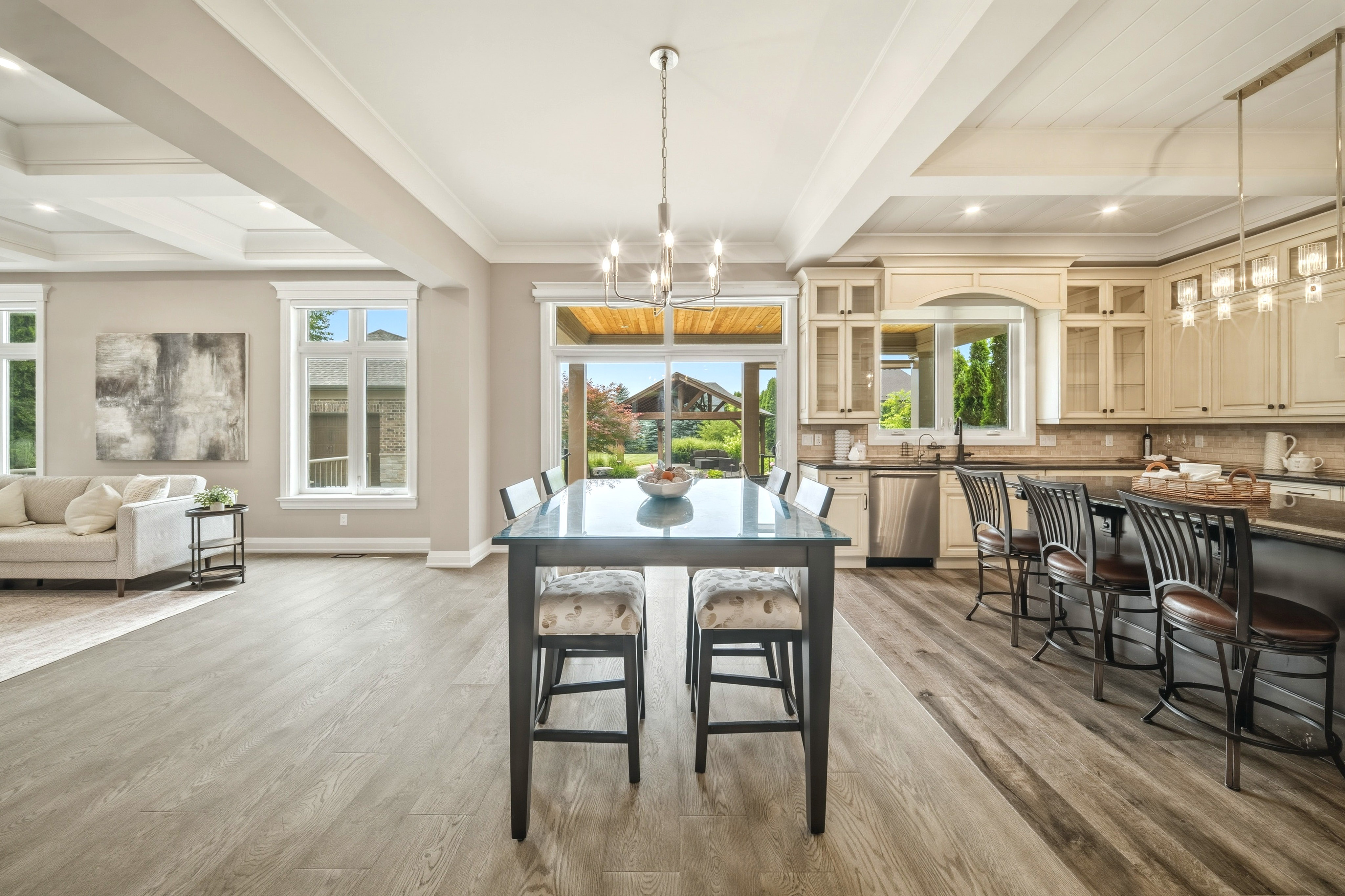 294 Tanbark Road, Niagara-on-the-Lake — open-plan kitchen, dining and living space under a coffered ceiling