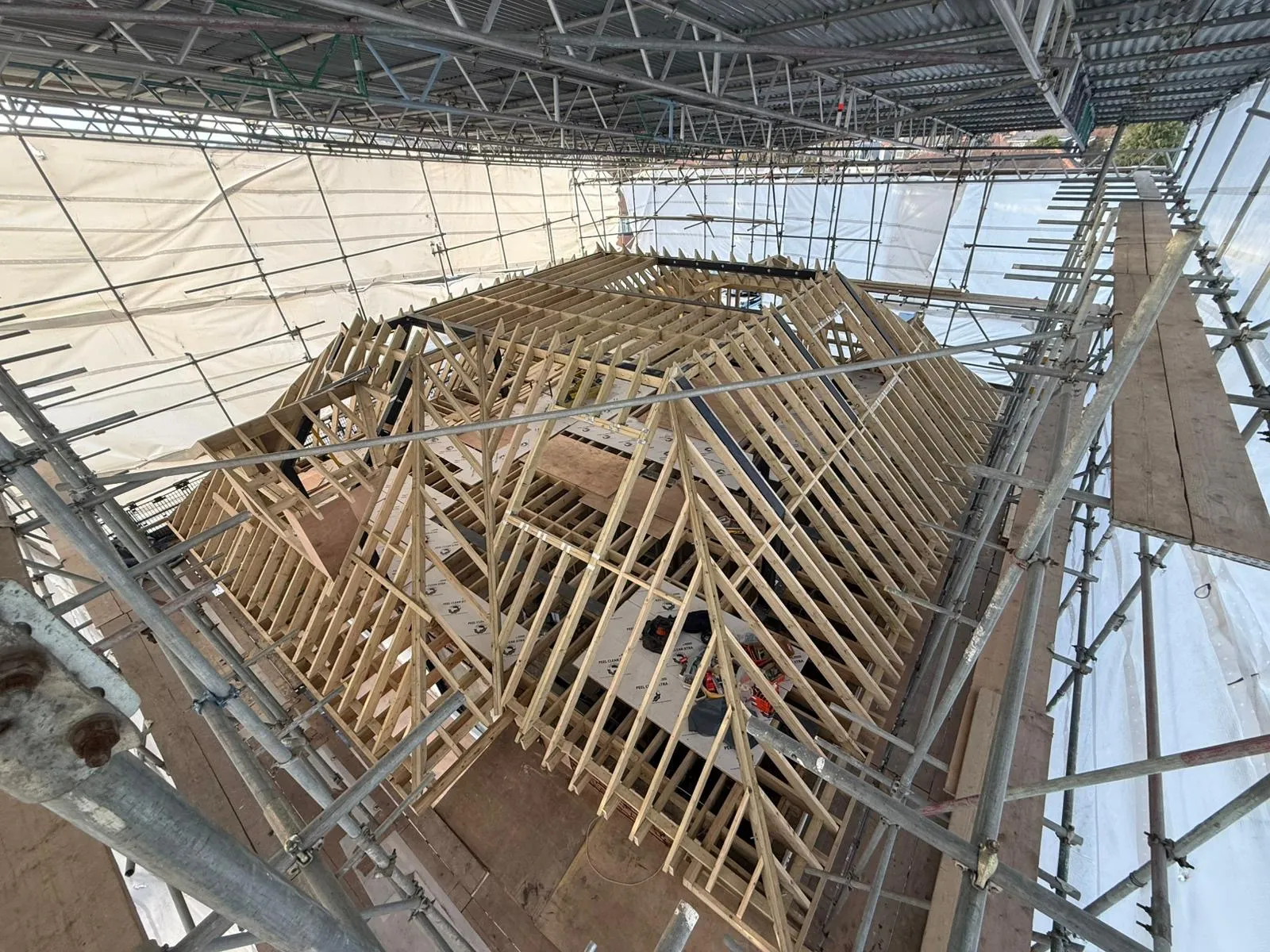 New roof structure viewed from above before tiling, Southgate N14
