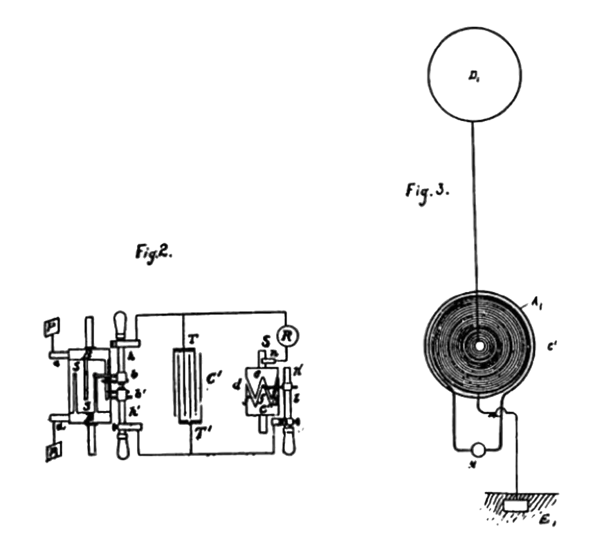 Tesla patent-style schematic diagrams showing an electrical circuit and a flat spiral coil