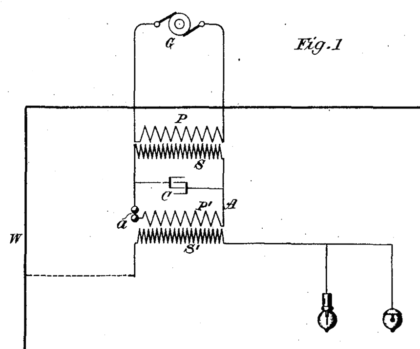 Tesla patent schematic labeled Figure 1 showing a circuit with coils and light bulbs