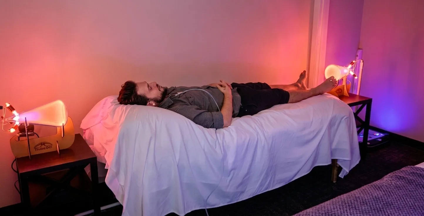 A man rests on a massage table in a dim room lit pink and purple, with warm orange plasma lamps on the side tables