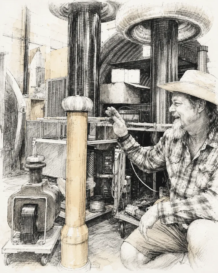 Detailed pen-and-ink illustration of a man in a cowboy hat reaching toward a large Tesla coil apparatus in a workshop
