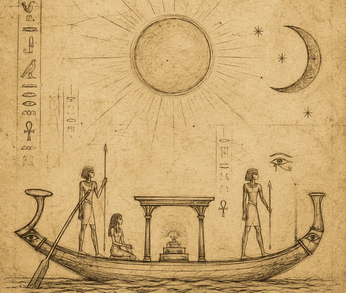 Antique sepia illustration of an Egyptian solar boat carrying figures beneath the sun and crescent moon, framed by hieroglyphs