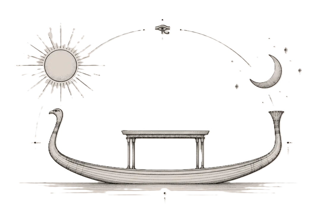 Line drawing of an ancient Egyptian solar boat carrying a canopy, with the sun and crescent moon arcing overhead