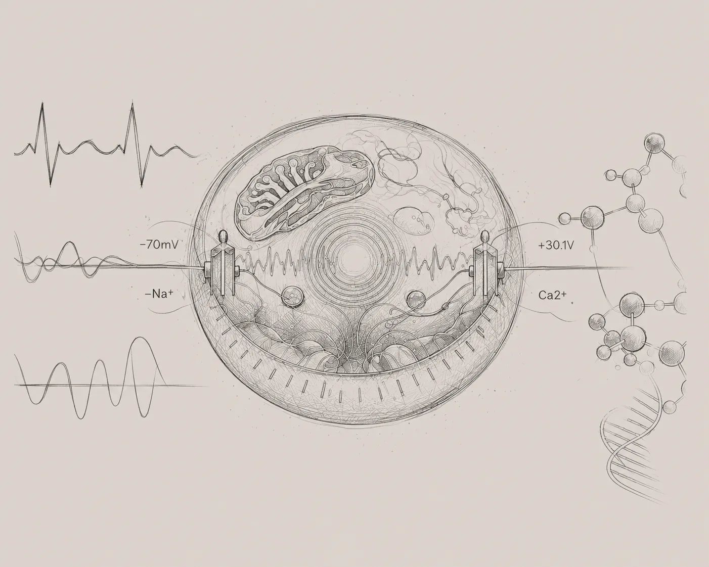 Pencil-style diagram of a cell with mitochondria, ECG and brainwave lines, membrane voltages and sodium and calcium ions