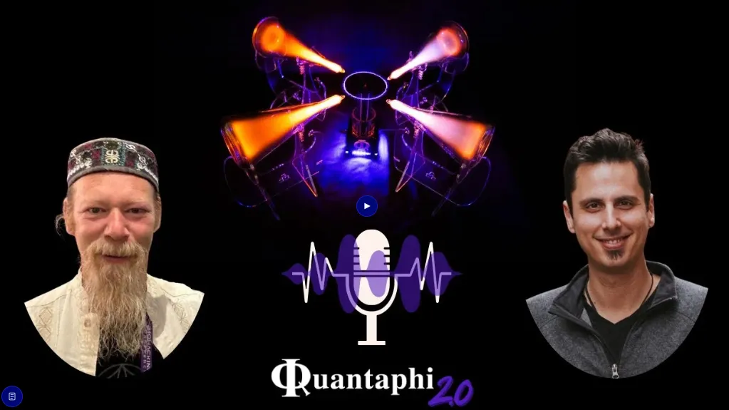 Video thumbnail for a Quantaphi 2.0 podcast episode with two hosts and a Tesla coil device graphic
