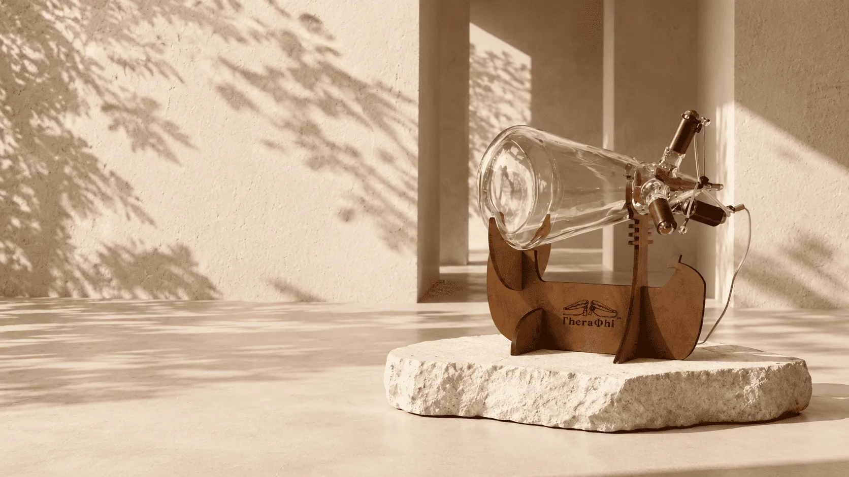 A glass TheraPhi plasma tube resting on a wooden stand on a stone slab, lit by warm sunlight and tree shadows
