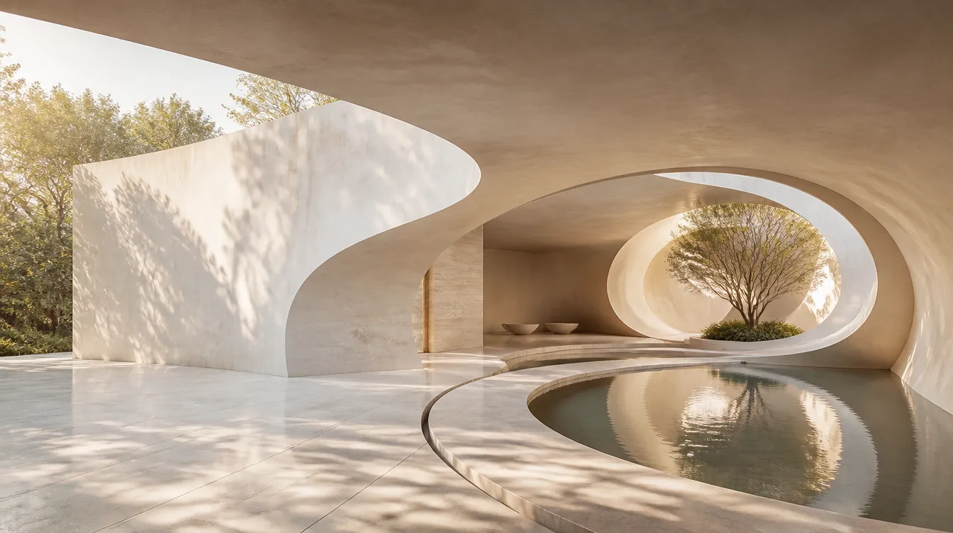 Modern architectural space with smooth, curved white walls surrounding a shallow circular reflecting pool and an opening framing a tree with greenery, bathed in soft natural light with tree shadows cast on the floor.