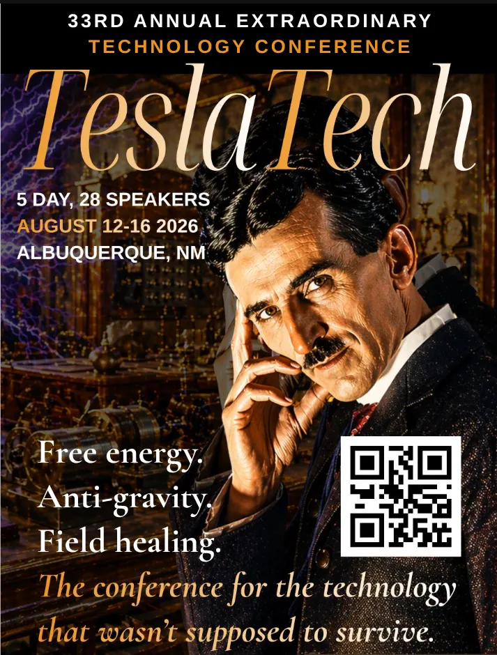 Poster for the 33rd Annual Extraordinary Technology Conference called TeslaTech, featuring a portrait of Nikola Tesla. The event is advertised as a 5-day conference with 28 speakers, scheduled for August 12-16, 2026, in Albuquerque, NM. The poster highlights themes of free energy, anti-gravity, and field healing, with a tagline: "The conference for the technology that wasn't supposed to survive." A QR code is also displayed on the poster.