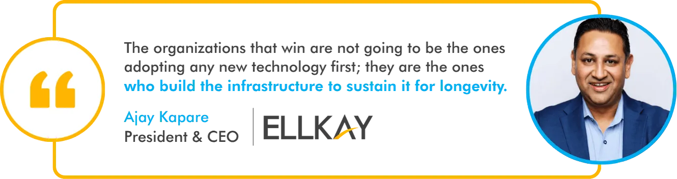 Quote by Ajay Kapare, CEO of ELLKAY, about building infrastructure for long-term technology success, alongside his headshot.