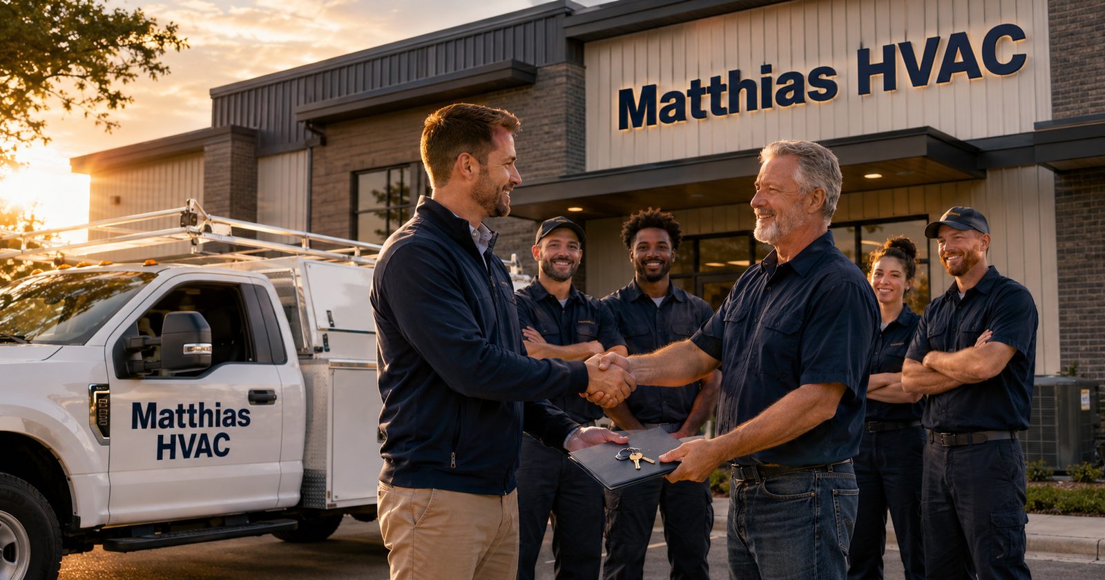 Buyer shaking hands with the seller of an HVAC business in front of the building and service truck