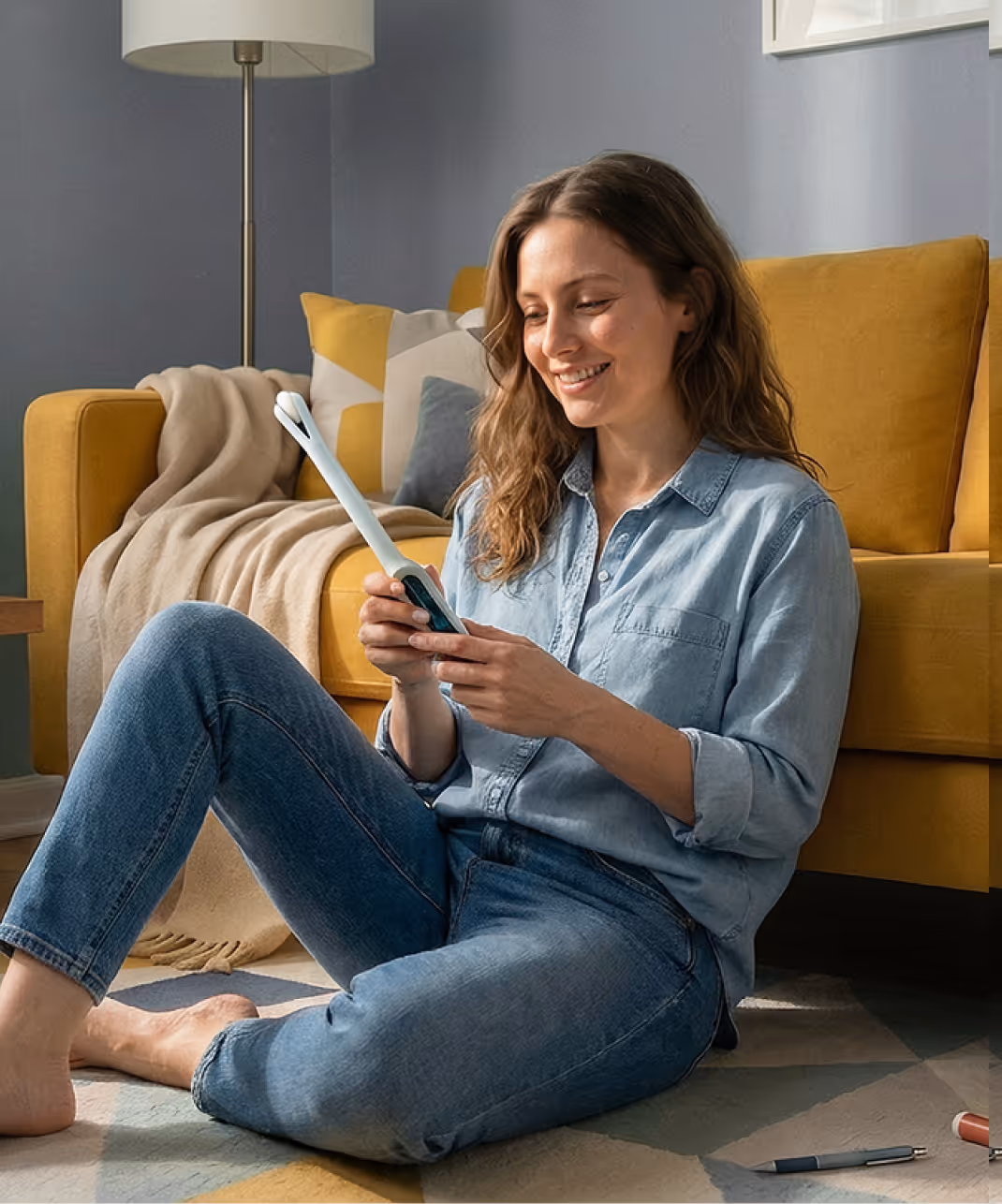 A smiling woman sits comfortably on the floor next to a yellow sofa, holding the FDA-authorized Teal Wand for at-home cervical cancer screening. The teal product packaging sits on a wooden side table in the background.