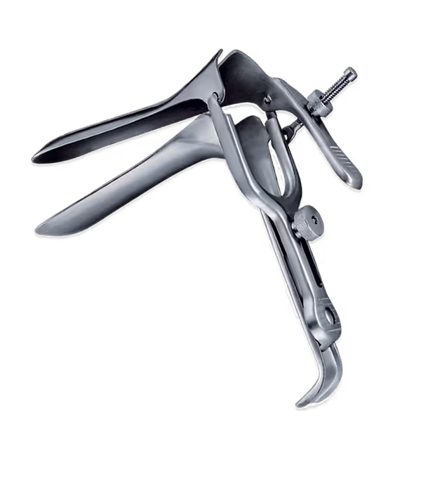 Stainless steel medical speculum instrument used for in-clinic gynecological exams, on a white background.