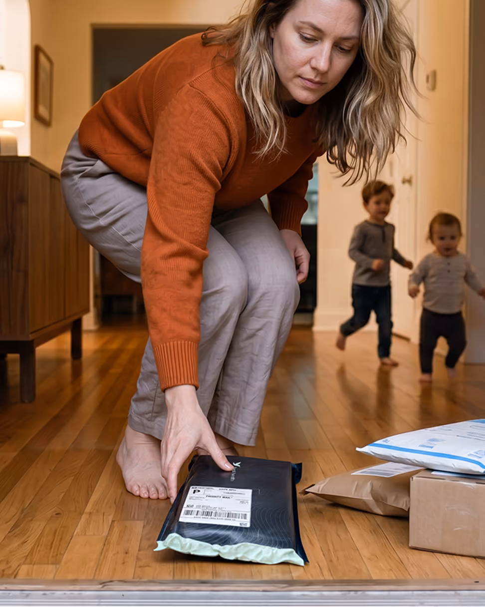 Woman in an orange sweater picking up a shipping package from the floor as two toddlers run behind her.