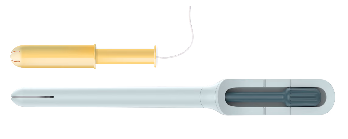 A yellow tampon applicator with string above a slim white Teal Wand device, shown together at relative scale on white.