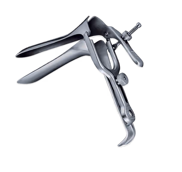 A stainless steel vaginal speculum with a thumbscrew, used in clinical cervical exams, on white.