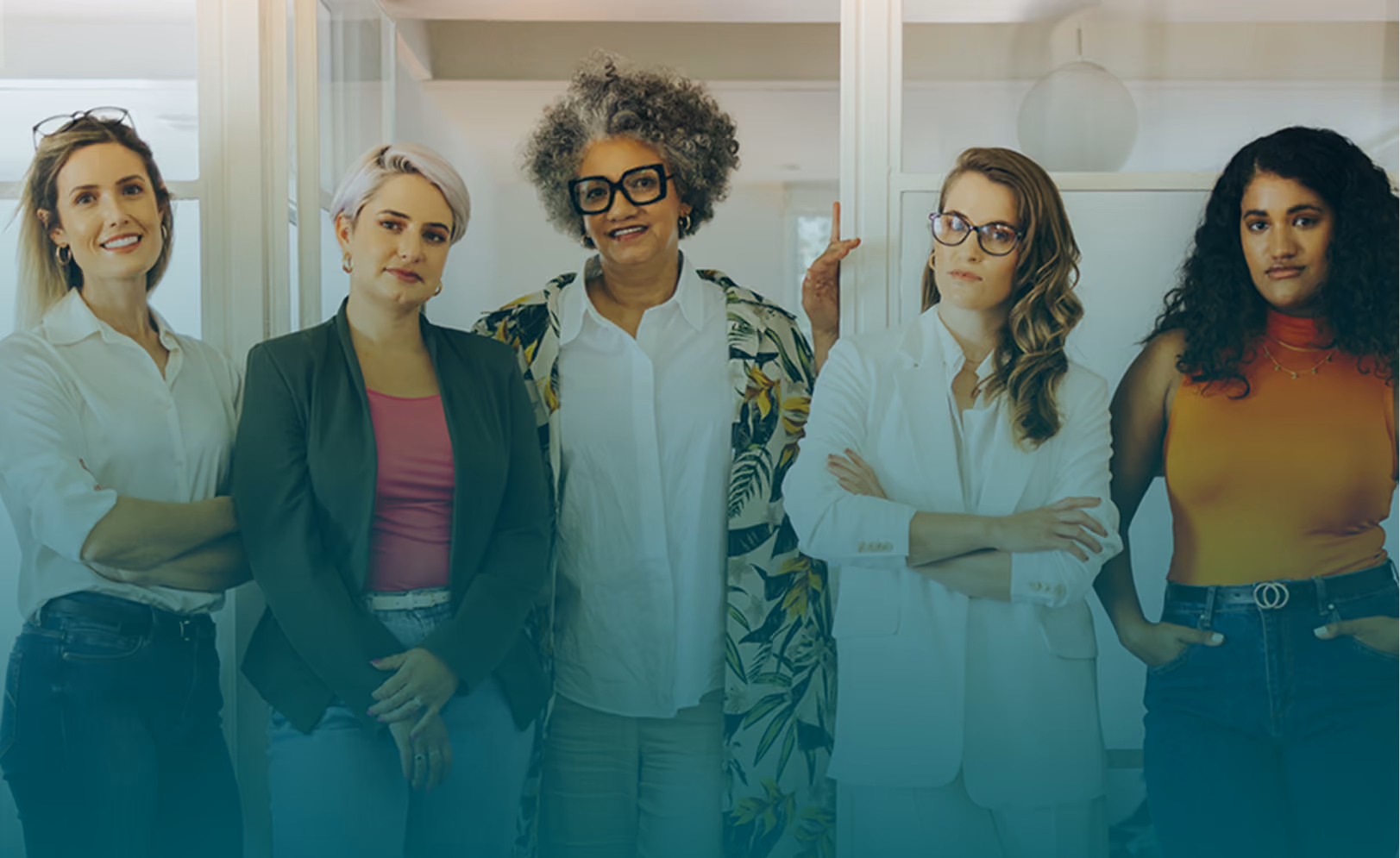 Five diverse women stand side by side, overlaid with a soft teal wash.