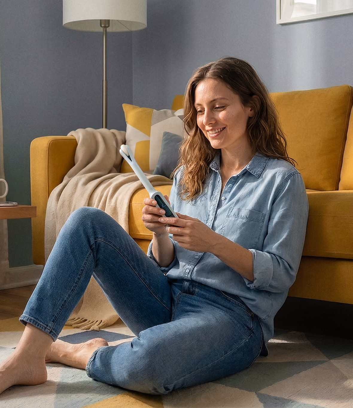 Smiling woman sits on the floor by a yellow sofa, holding the Teal Wand device at home.