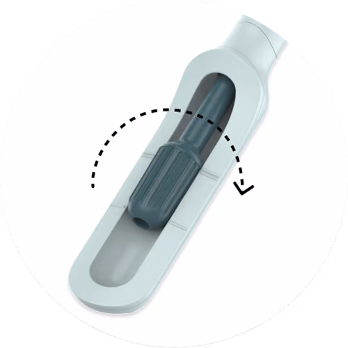 Illustration of the Teal Wand's inner plunger with a curved dashed arrow showing a rotating motion.