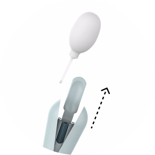 Illustration of a squeeze-bulb applicator attached to the Teal Wand, with a dashed arrow pointing upward.