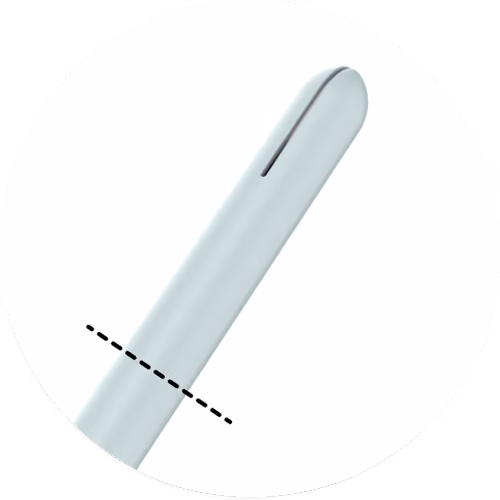 Illustration of the Teal Wand's smooth rounded tip with a dashed line marking insertion depth.