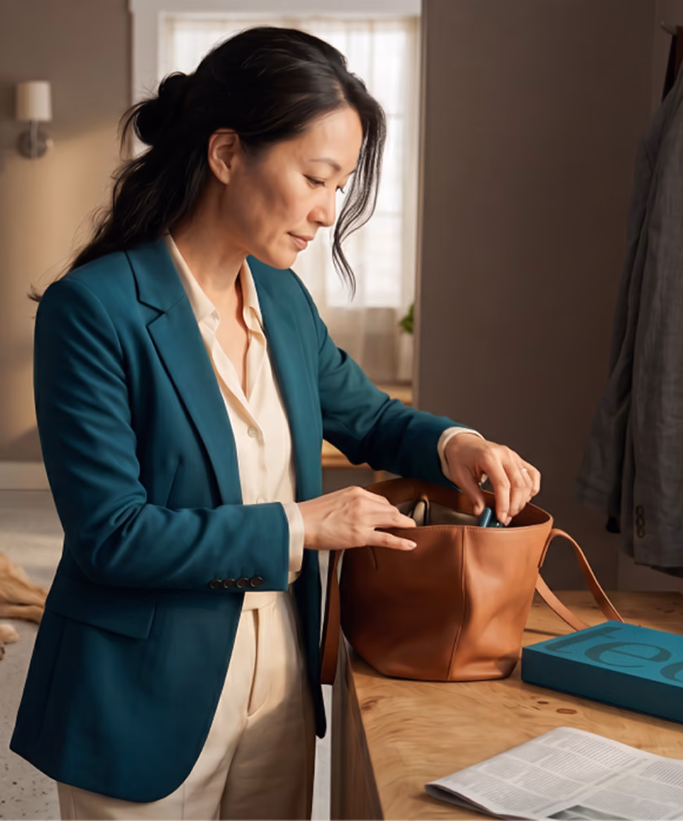 Woman in a teal blazer places a teal Teal Wand box into a brown leather tote bag on a table.