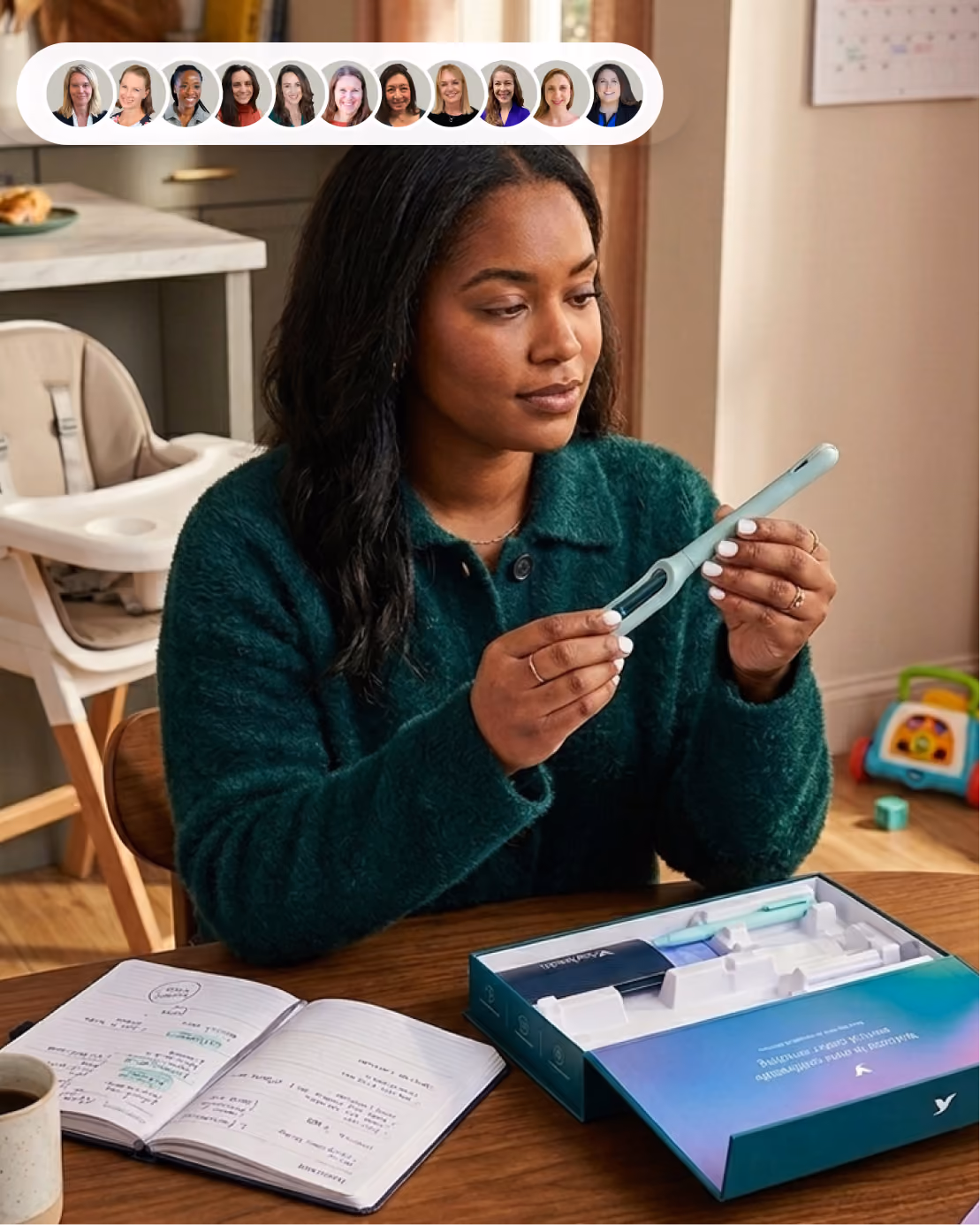 A woman at a kitchen table examines the light blue Teal Wand, with provider headshots above and kit box nearby.