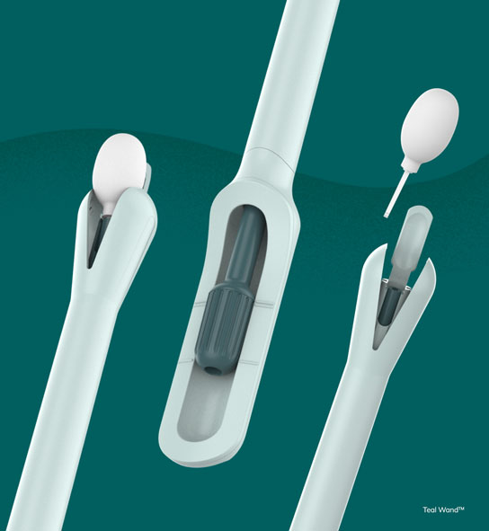 Three angled views of the pale green Teal Wand device on a teal background, labeled 'Teal Wand.'