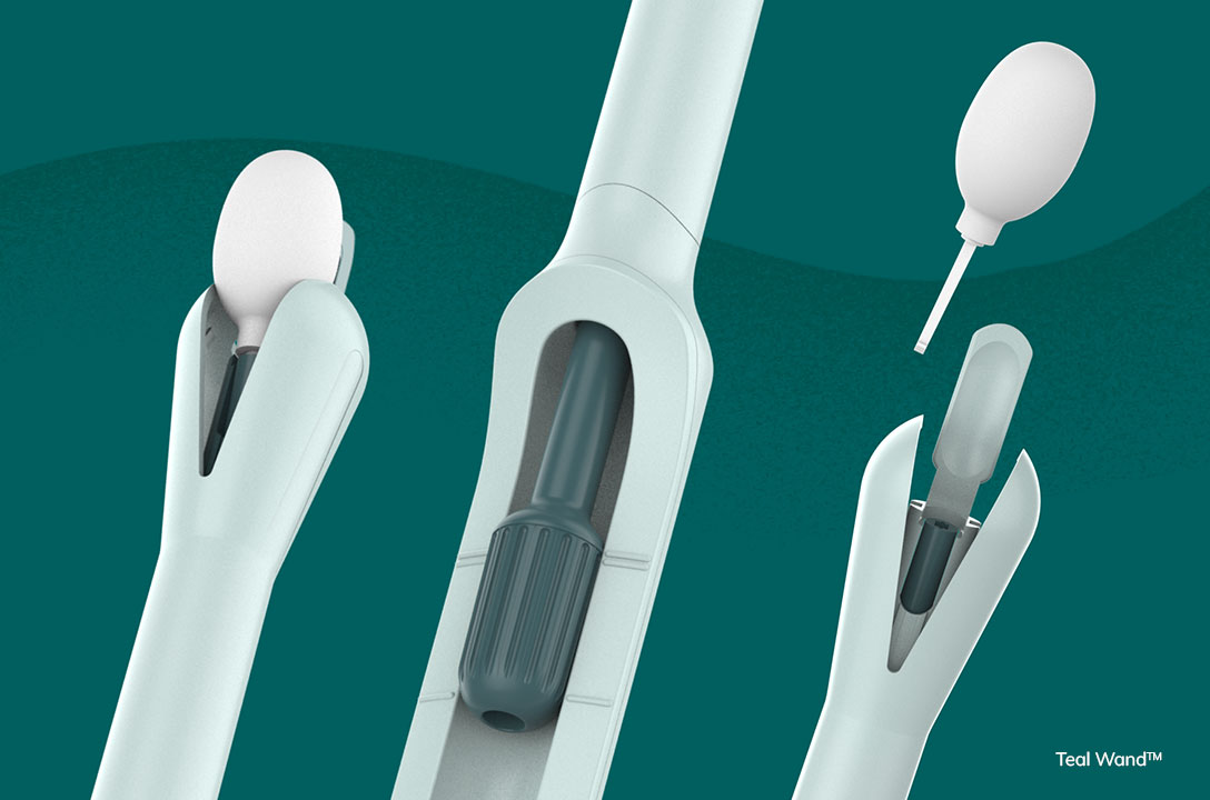 Three angled views of the pale green Teal Wand device on a teal background, labeled 'Teal Wand.'