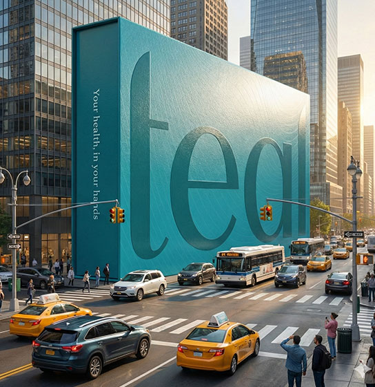 Illustrated city street where a giant teal building reads 'teal' and 'Your health, in your hands.'