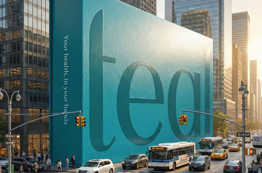 Illustrated city street where a giant teal building reads 'teal' and 'Your health, in your hands.'